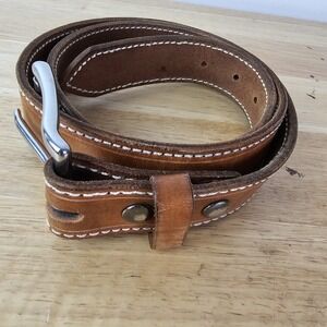 Tandy Leather Mens 39-43 Belt Brown Leather Western Silver Buckle Stitch Cowboy